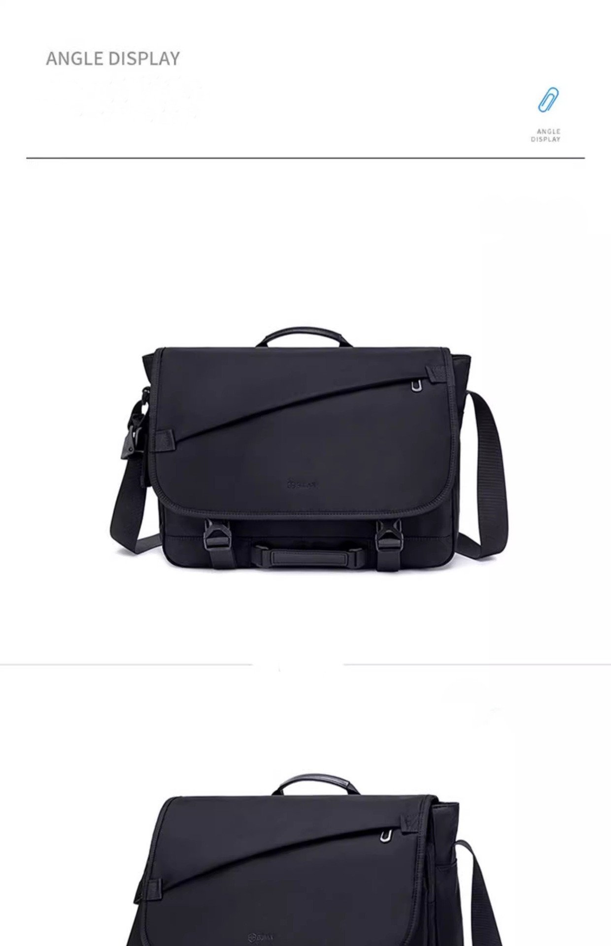 front angle display views of black bag