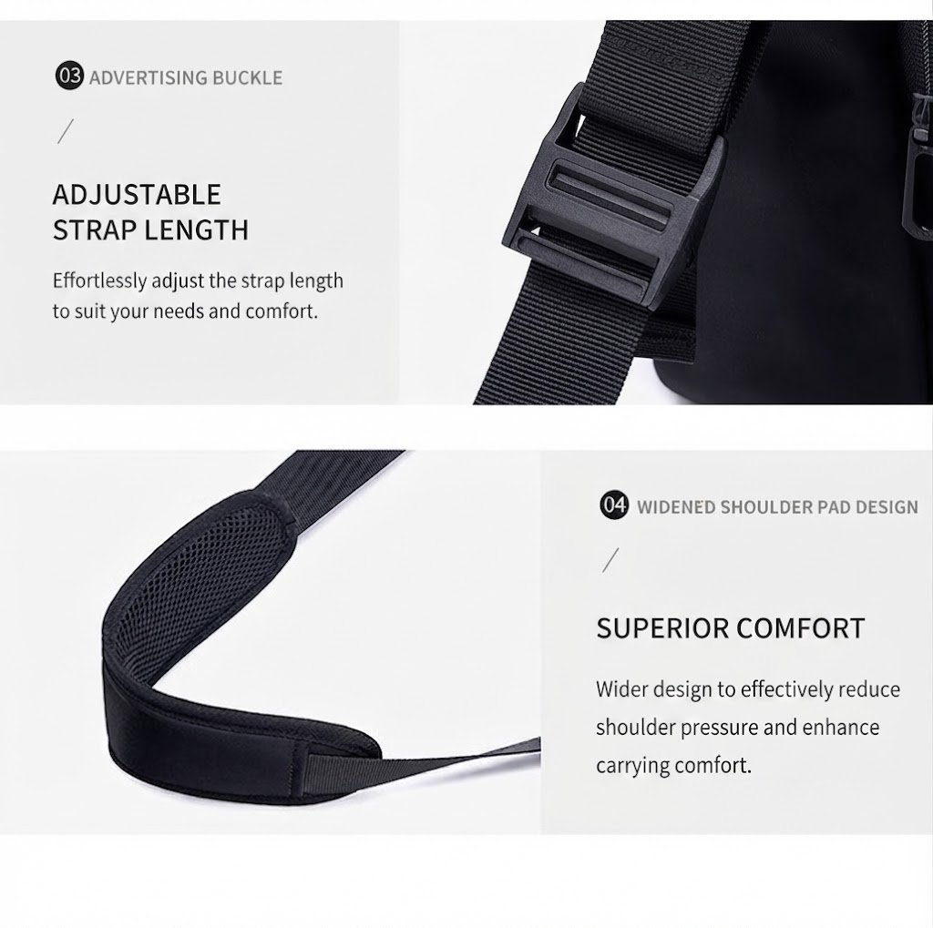 close-up of adjustable strap buckle and widened shoulder pad