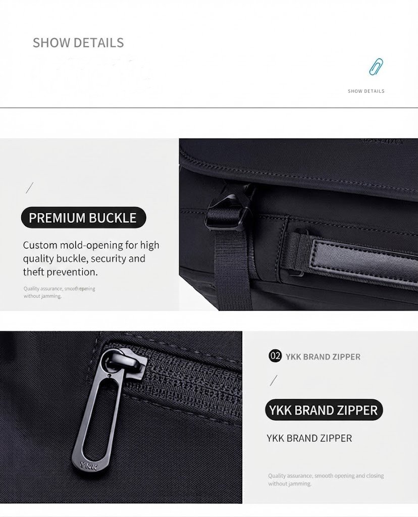 close-up of premium buckle and YKK zipper hardware