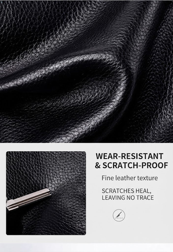 leather grain close-up showing scratch-heals-without-trace test