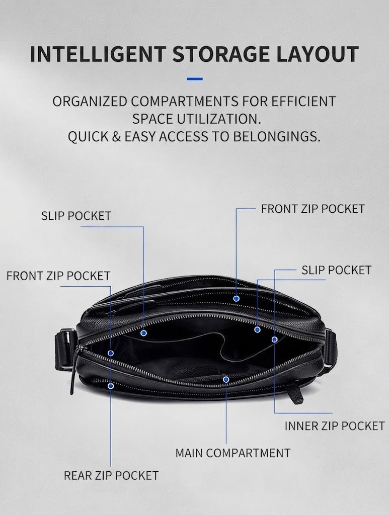 interior layout diagram labeling slip and zip pockets and main compartment