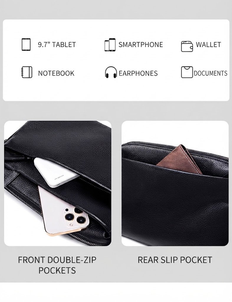 front double-zip pocket holding phone and rear slip pocket holding cardholder