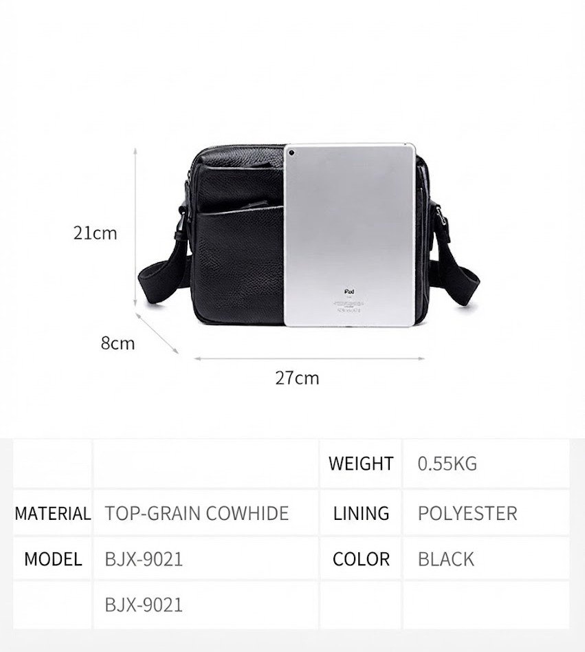 bag dimensions next to tablet showing 27x21x8cm size