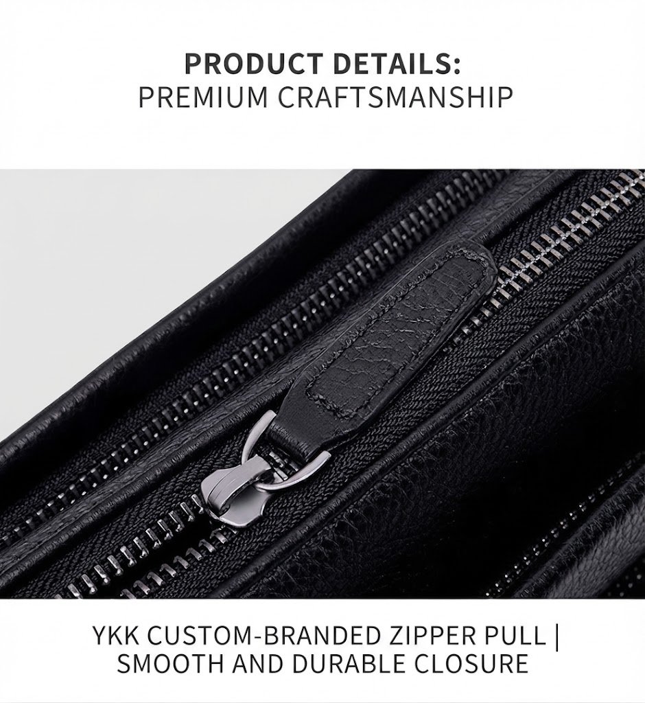 YKK-style zipper pull close-up on main compartment
