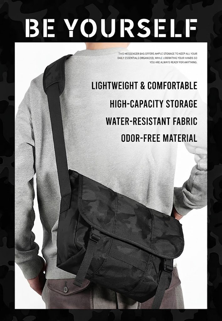 bag worn on back showing lightweight comfortable and water-resistant callouts