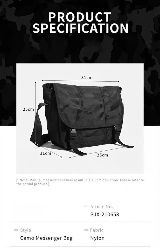 product specification card listing 31x25x11cm dimensions and nylon fabric