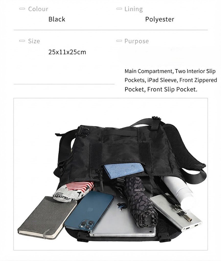 spec table listing black color, polyester lining, and compartment purposes