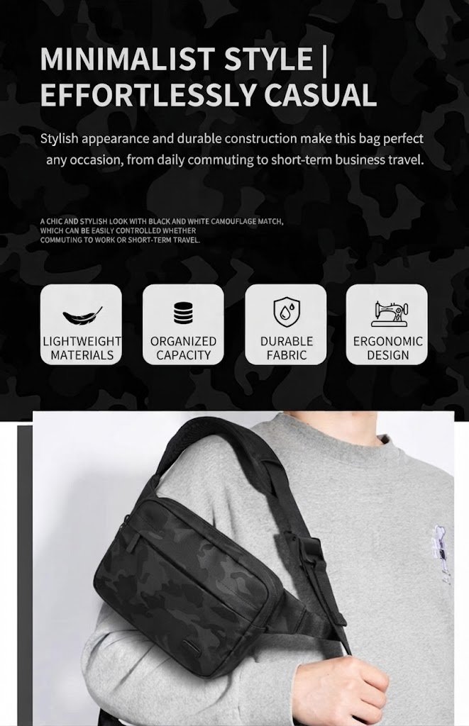 bag worn crossbody sling-style over grey sweatshirt