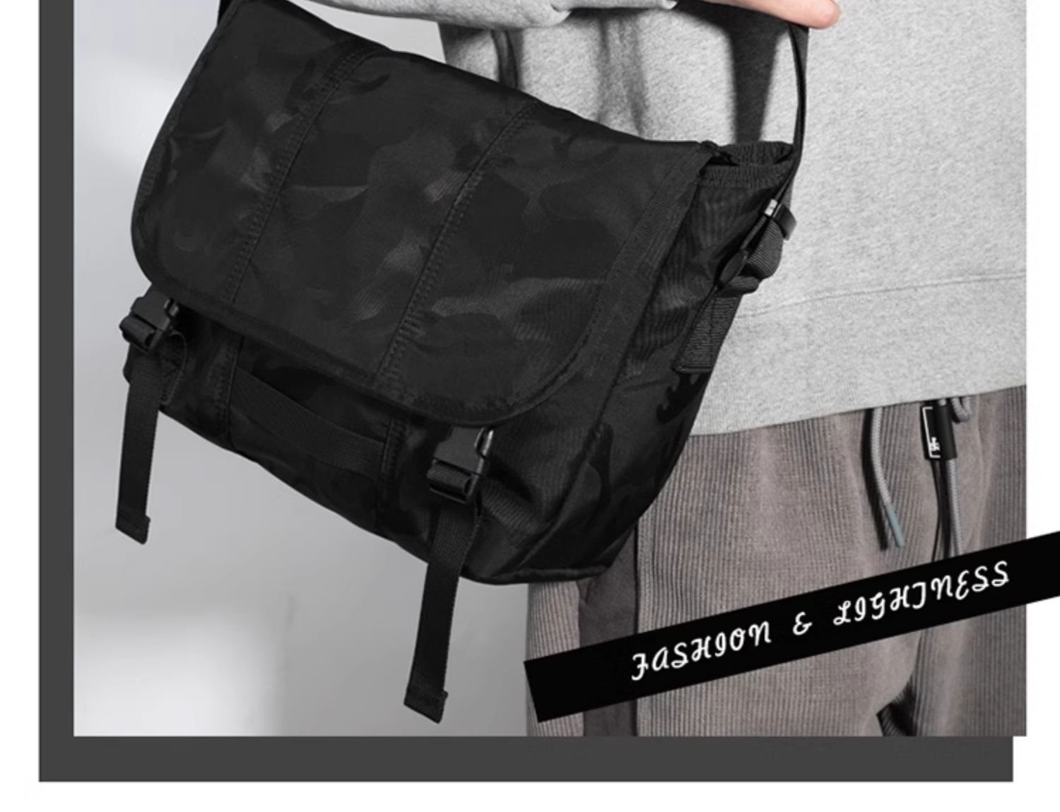 bag held by top handle showing buckle closures