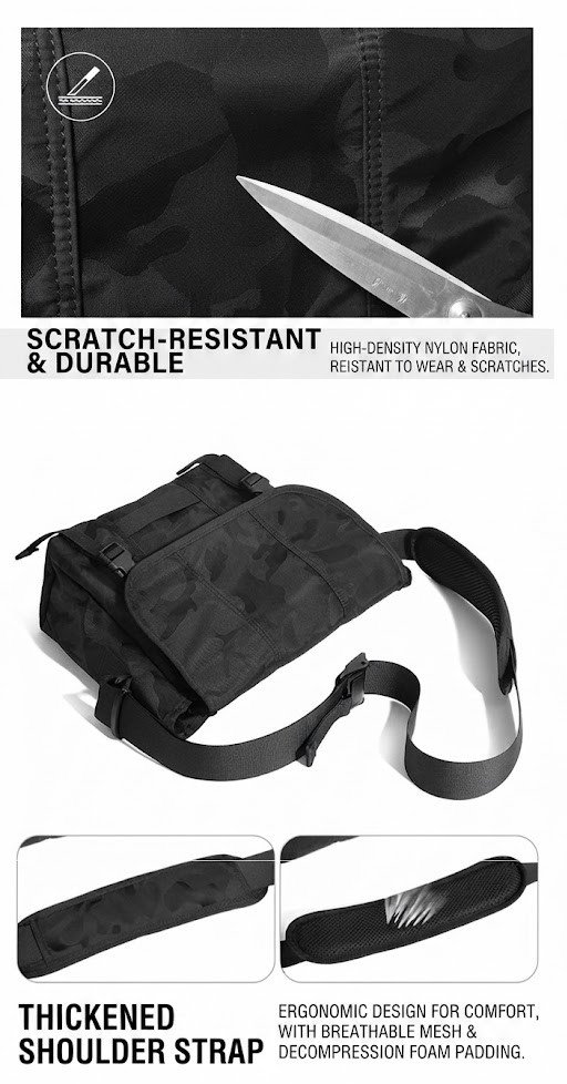 knife scratch test on nylon fabric and padded shoulder strap close-up