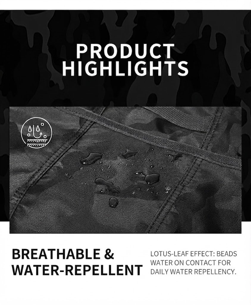 product highlights showing water beading on breathable fabric