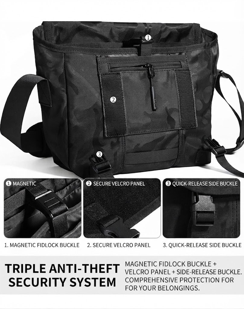 front zipper pocket velcro panel and side quick-release buckle detail