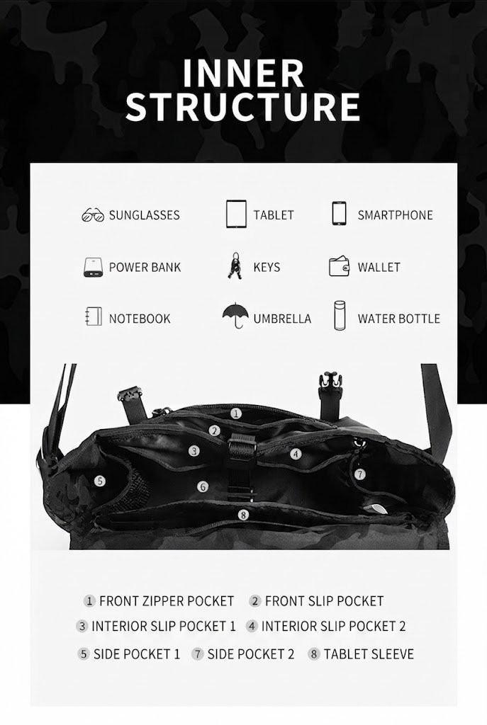 inner structure diagram of front and interior pockets with tablet sleeve