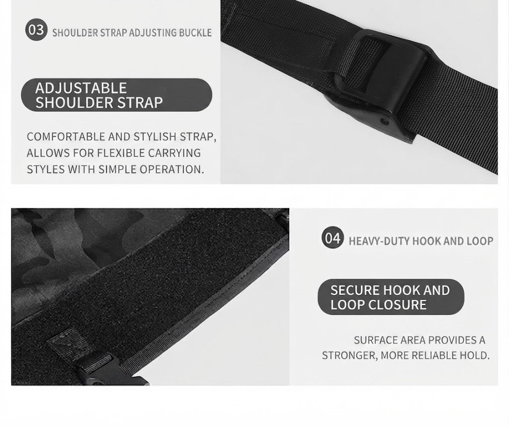 strap adjusting buckle and hook-and-loop closure detail