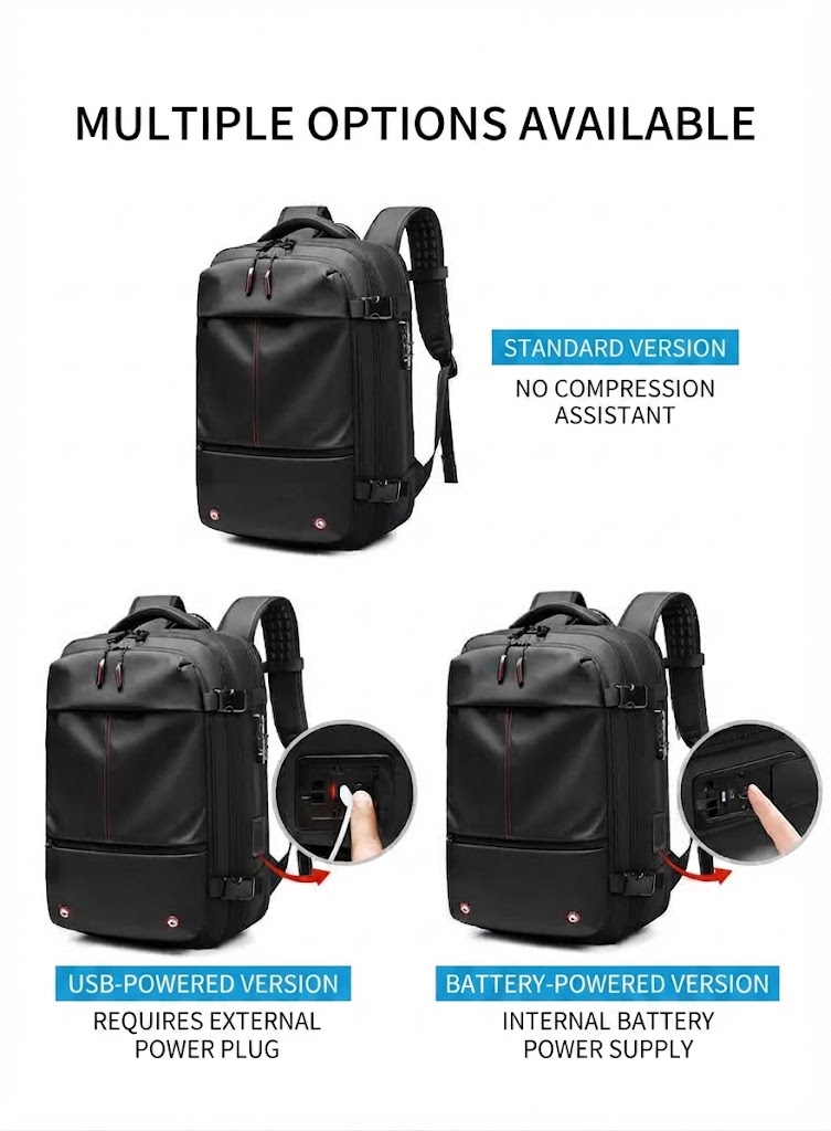 multiple version options shown: standard, USB-powered and battery-powered compression assist