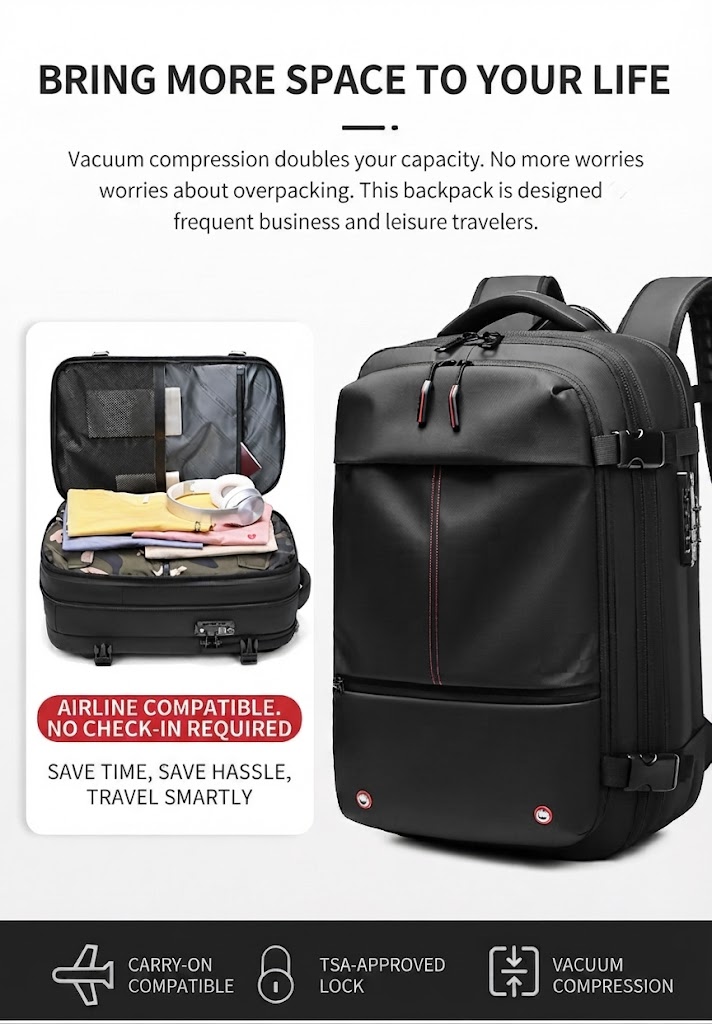 vacuum compression doubles packing capacity for airline carry-on travel