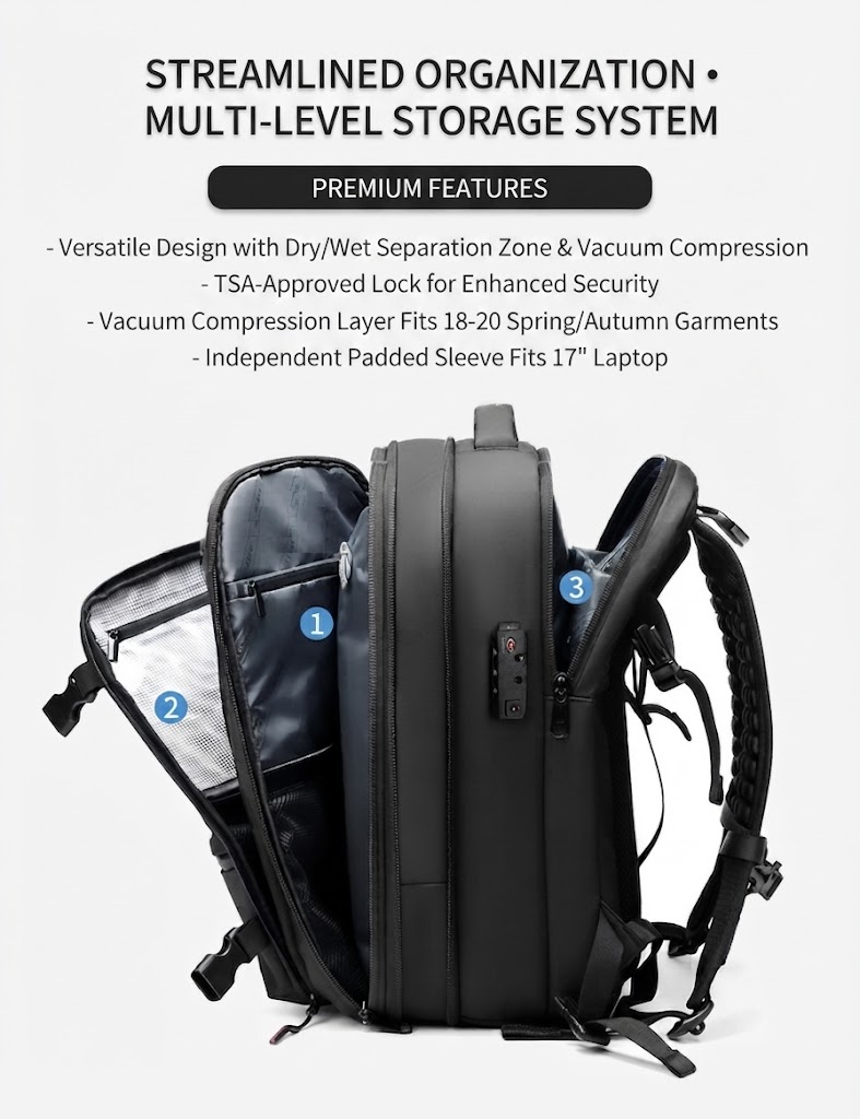 side view of the dry/wet separation zone, TSA lock and 17 inch laptop sleeve