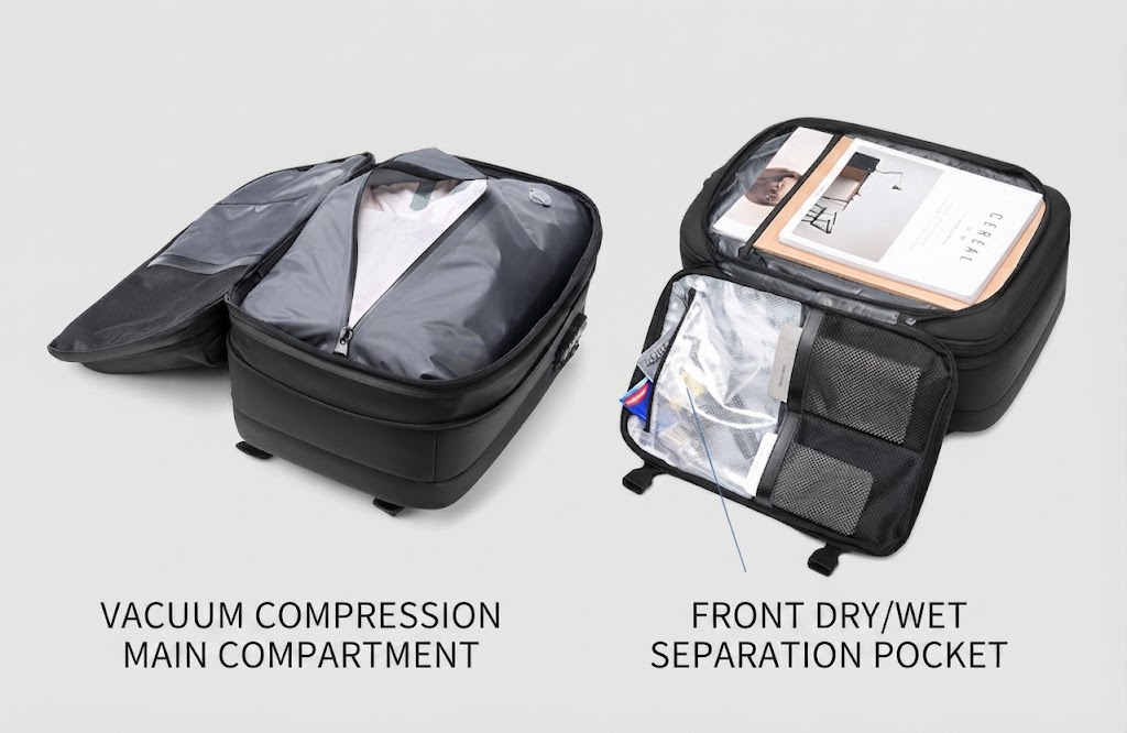open main compartment with a folded shirt in the vacuum bag and front document pocket