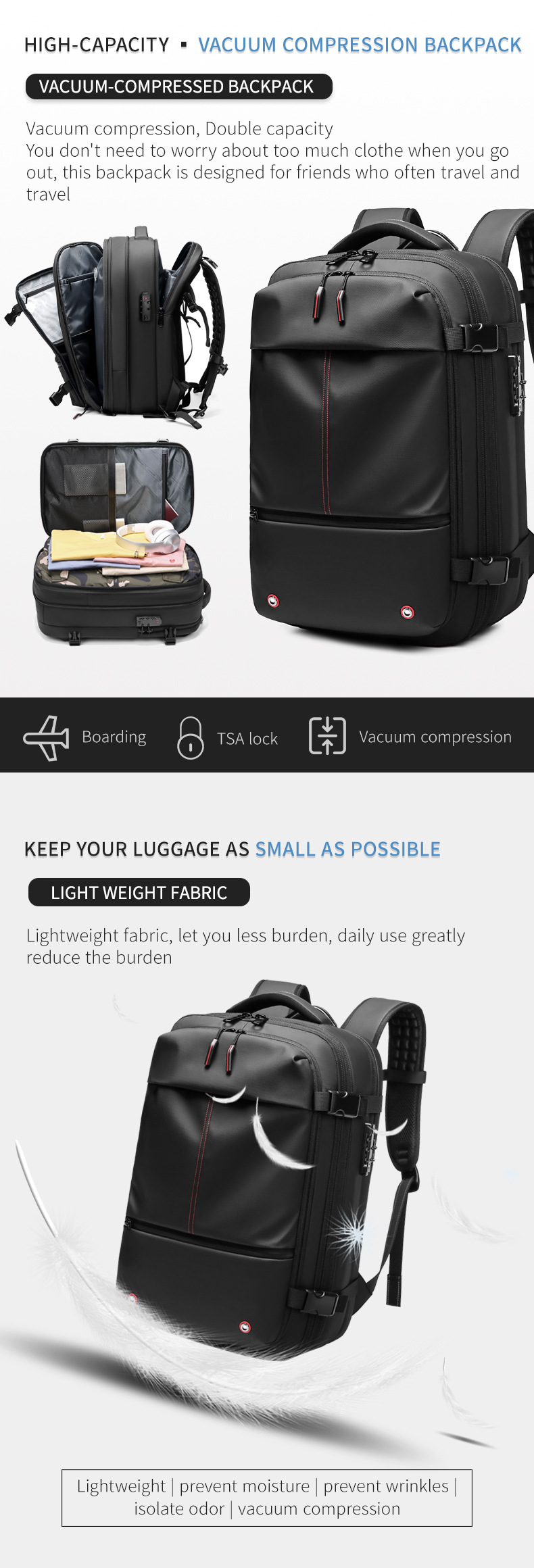 high-capacity vacuum compression backpack callout with lightweight fabric feature graphic