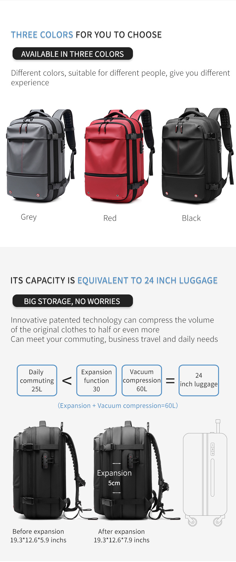 three color options and a diagram comparing capacity to a 24 inch suitcase