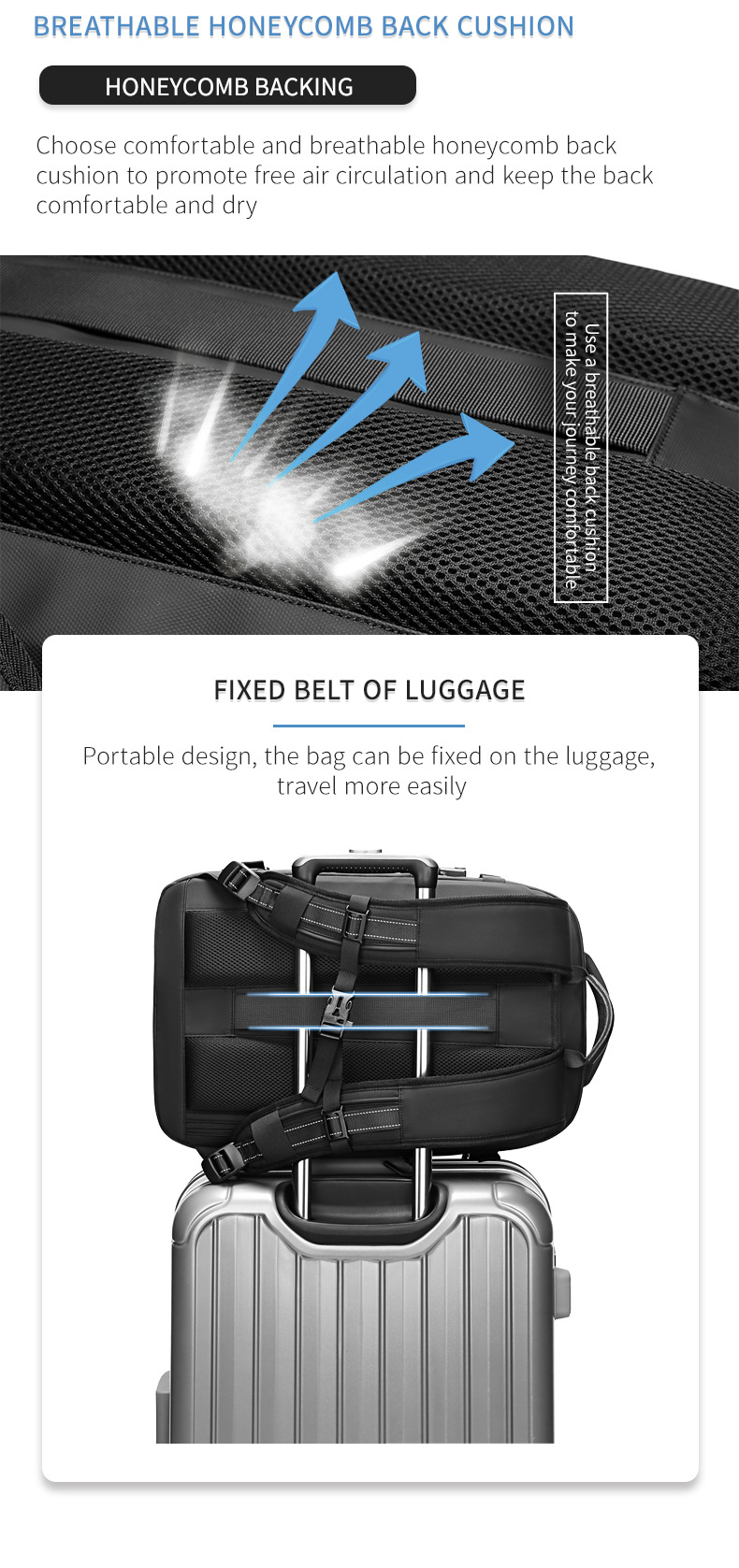 honeycomb back cushion and the luggage handle pass-through strap in use