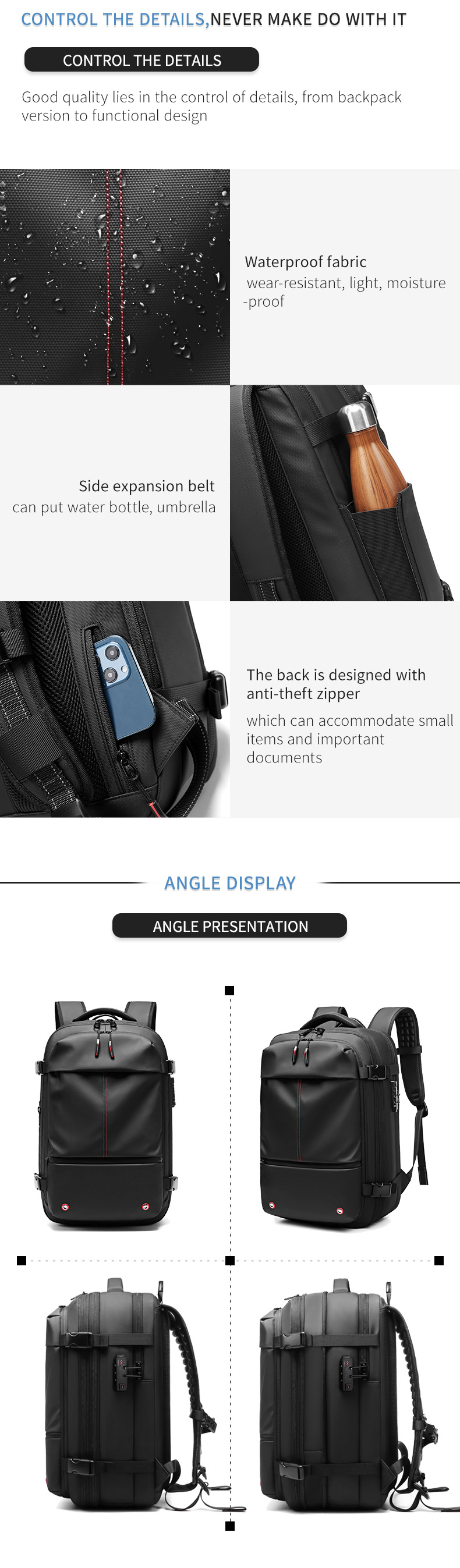 waterproof fabric close-up, side water-bottle pocket and hidden anti-theft back pocket