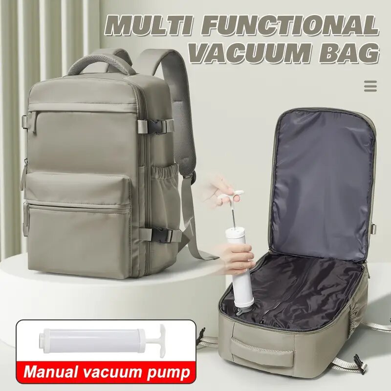 folded garments compressed flat inside the vacuum-sealed main compartment, capacity increased by 20L