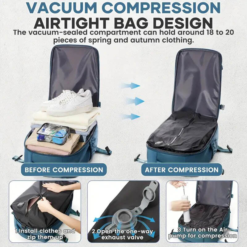 rear luggage pass-through strap fitted over a rolling suitcase handle