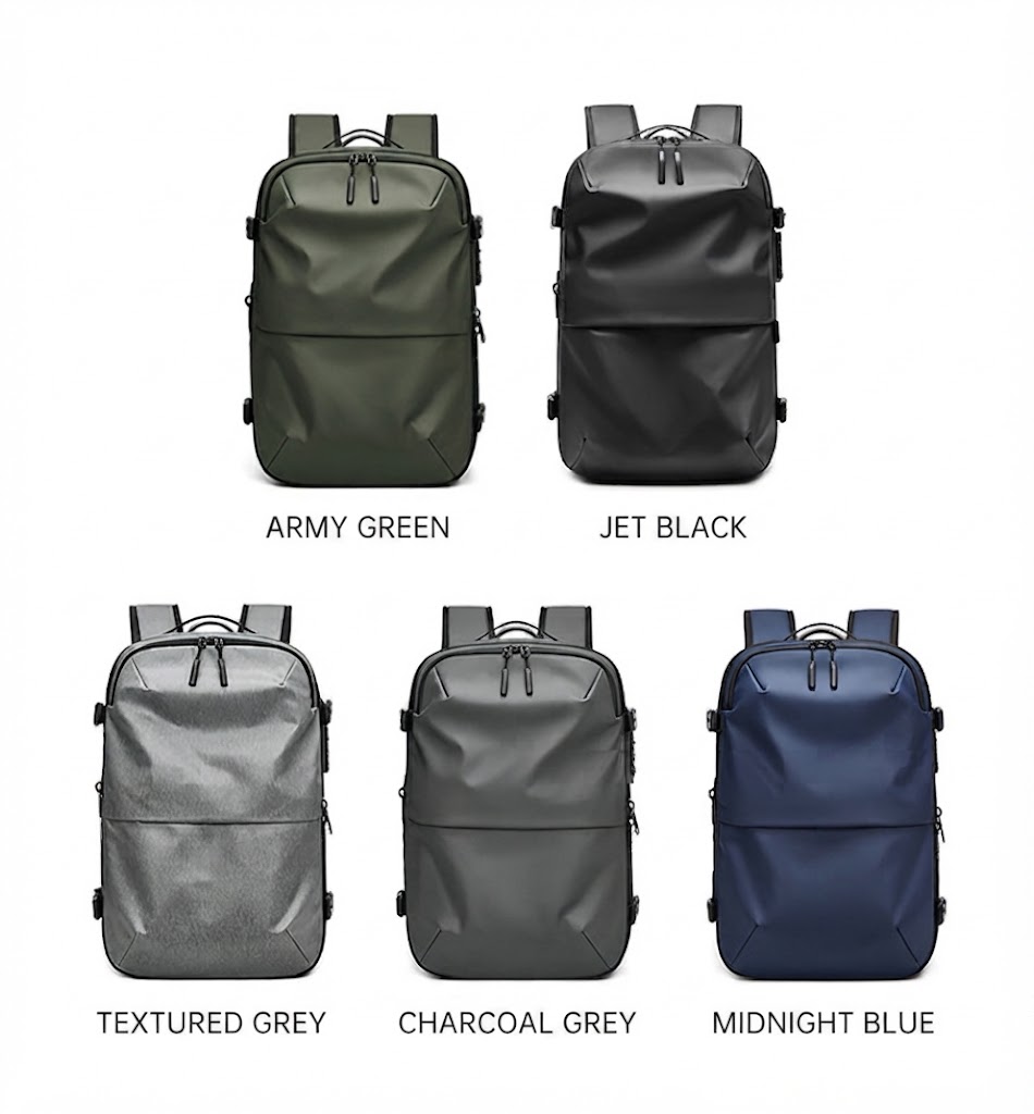 lightweight fabric callout with a falling-feather graphic over the black backpack