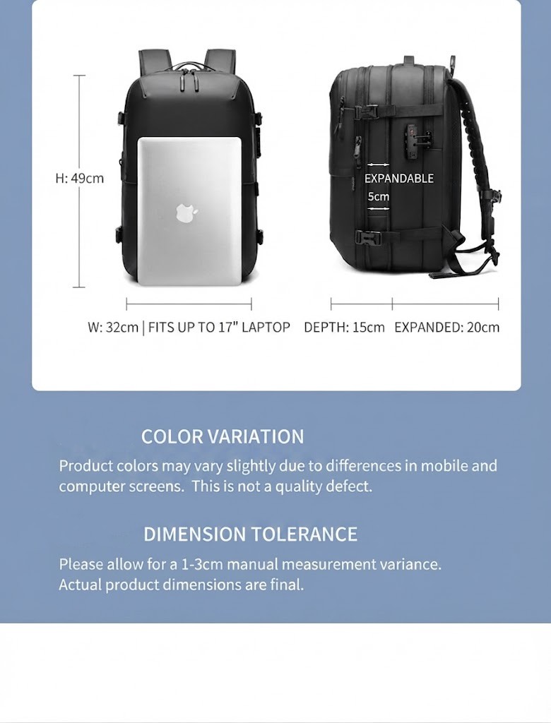 capacity diagram: 25L daily, 30L expanded, 60L vacuum-compressed, equal to a 24 inch suitcase