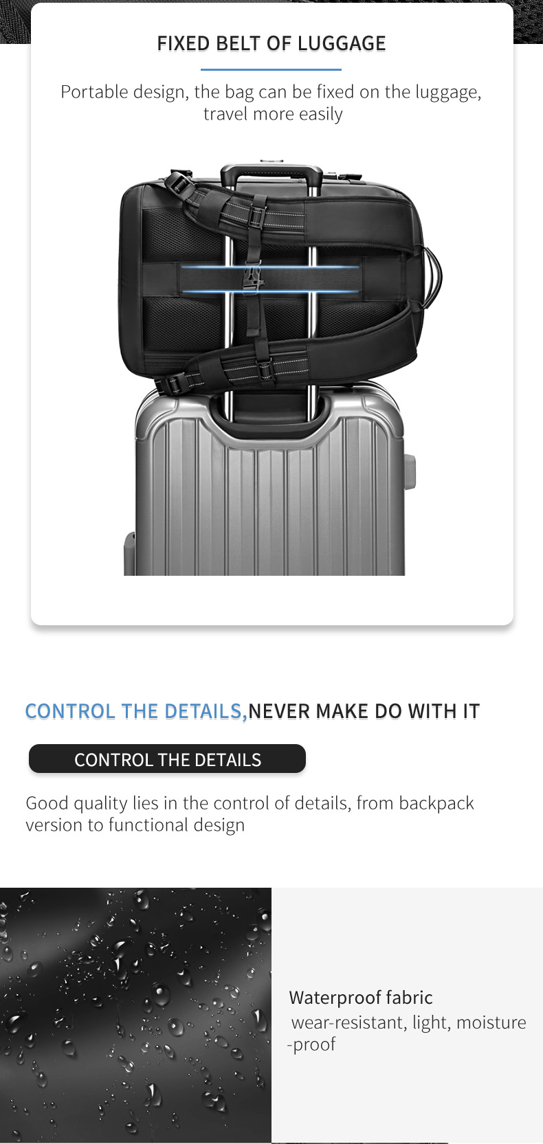 side expansion pocket holding a water bottle, and phone in the anti-theft back pocket