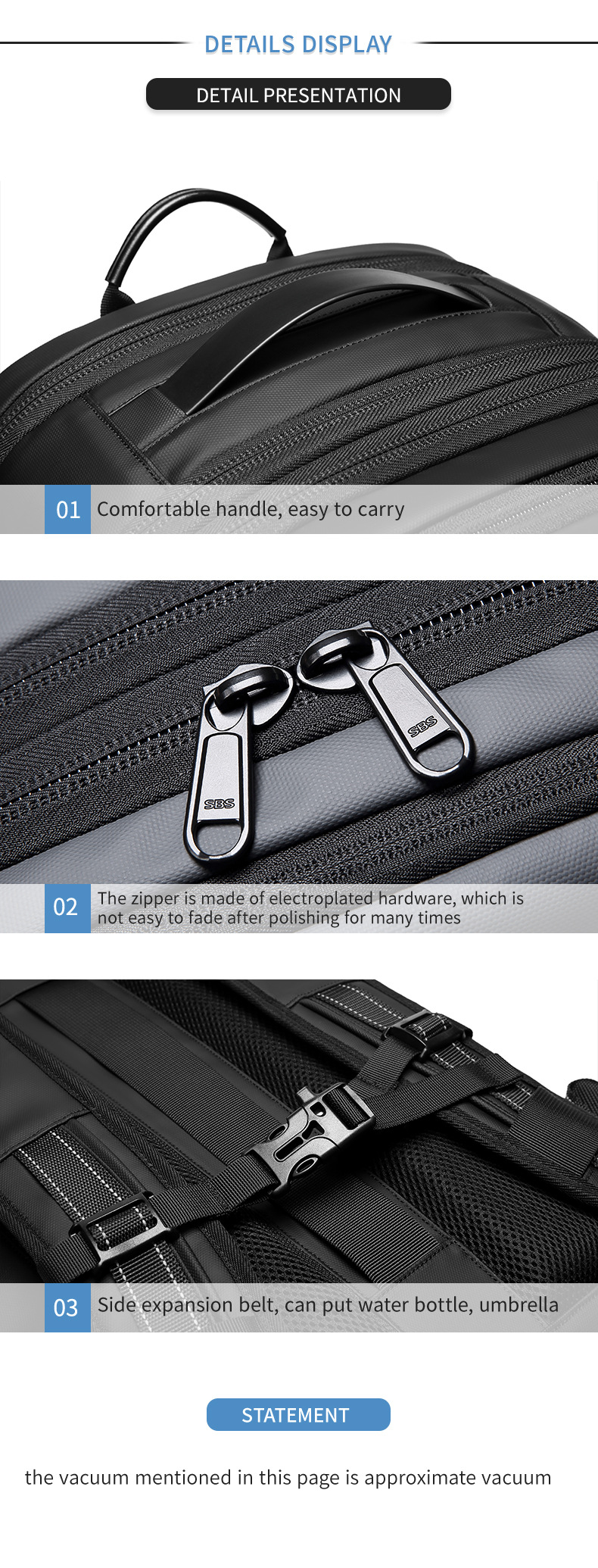 close-ups of the carry handle, zipper pulls and side expansion strap