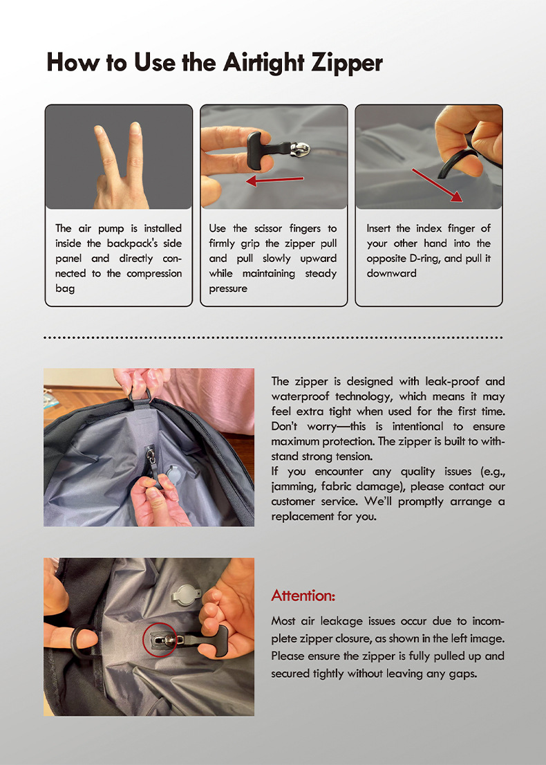 instructions for using the airtight compression zipper with the included pump