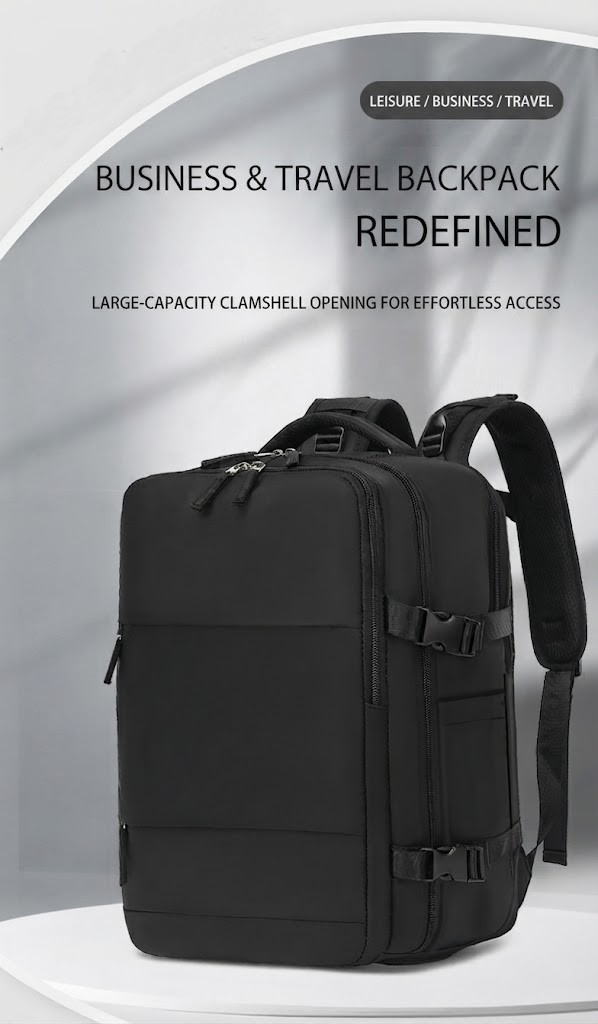 business and travel backpack front view highlighting the large-capacity clamshell opening