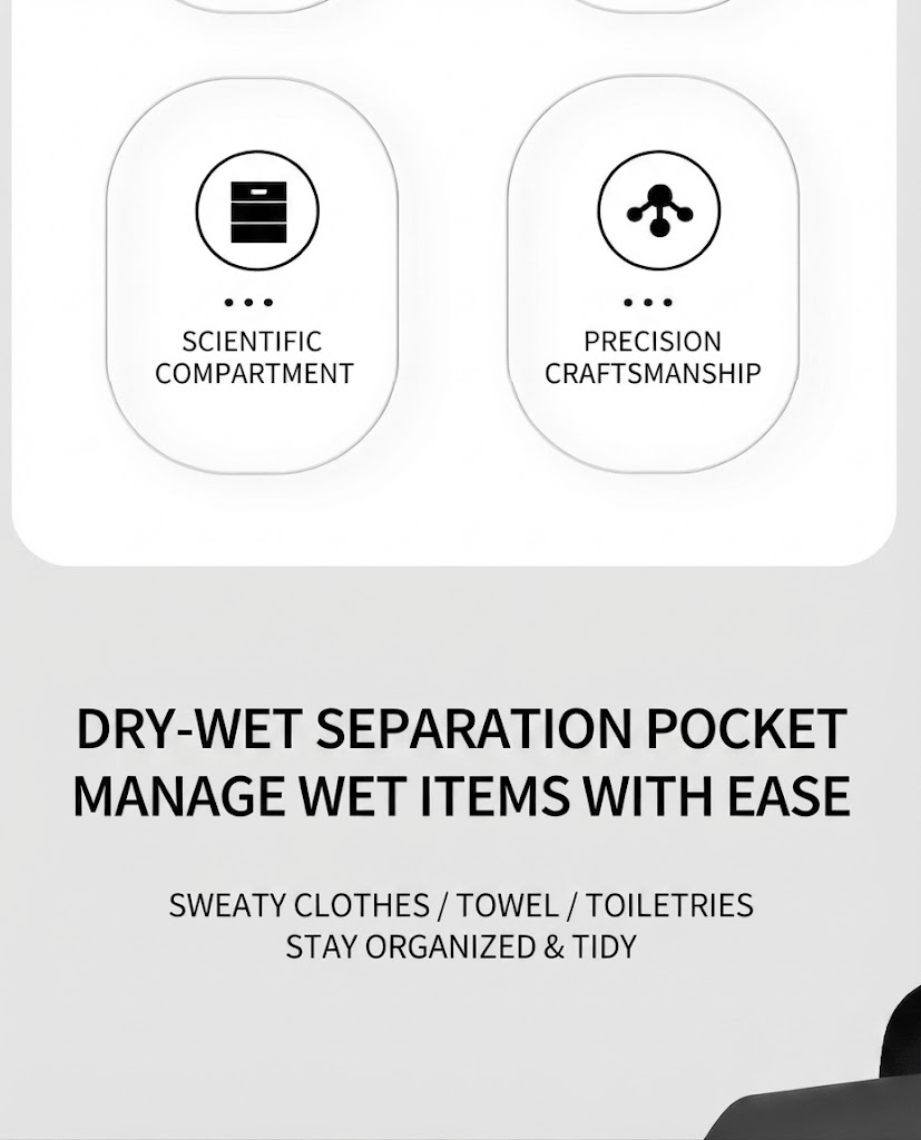 scientific compartment and precision craftsmanship icons above the dry/wet separation pocket callout