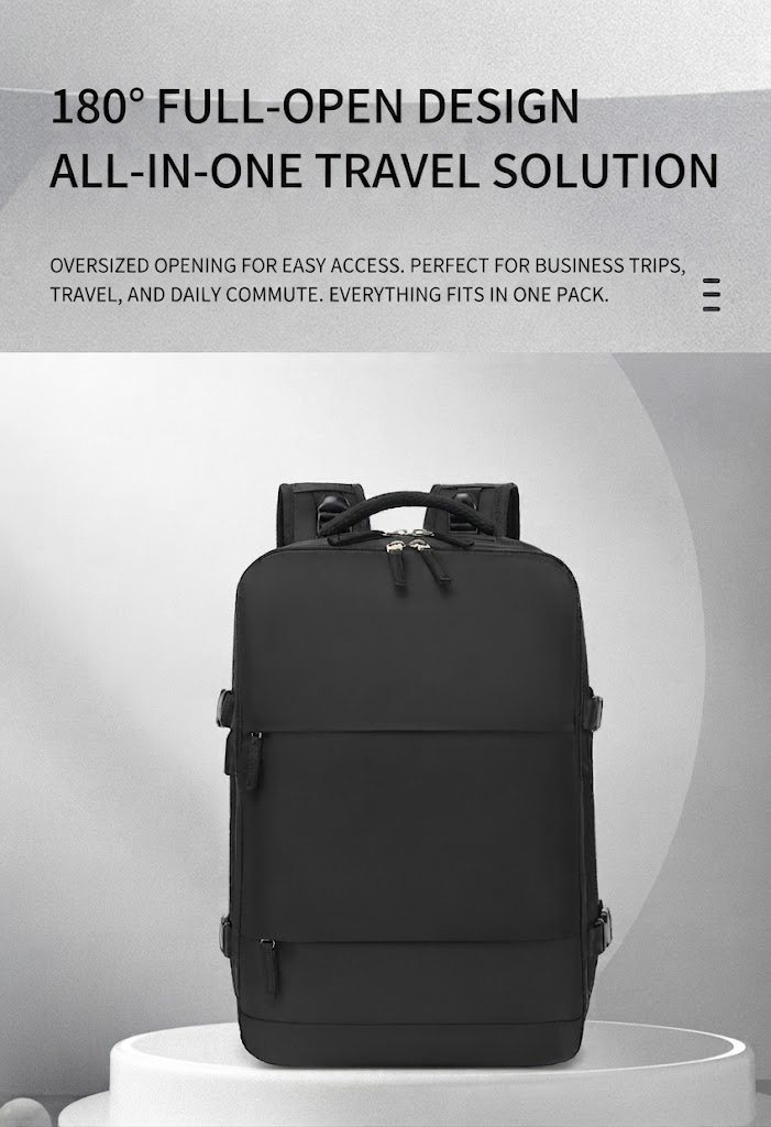 180-degree full-open clamshell design shown on the black backpack