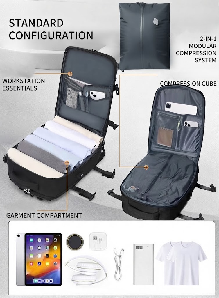 standard configuration: laptop, tablet, charger, headphones, power bank and t-shirts packed inside the main bag and compression cube