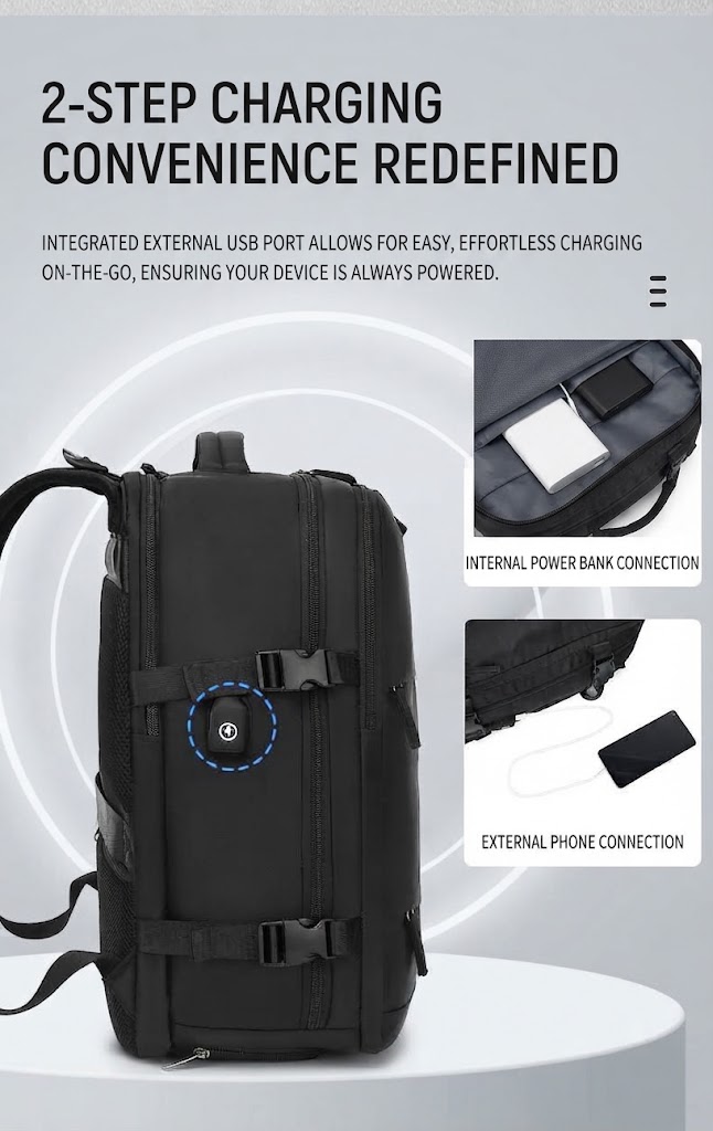 external USB charging port with internal power bank and external phone connection points