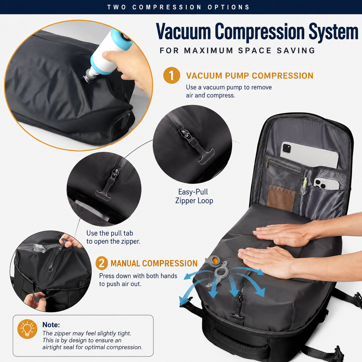 compression cube packed with folded clothing before sealing