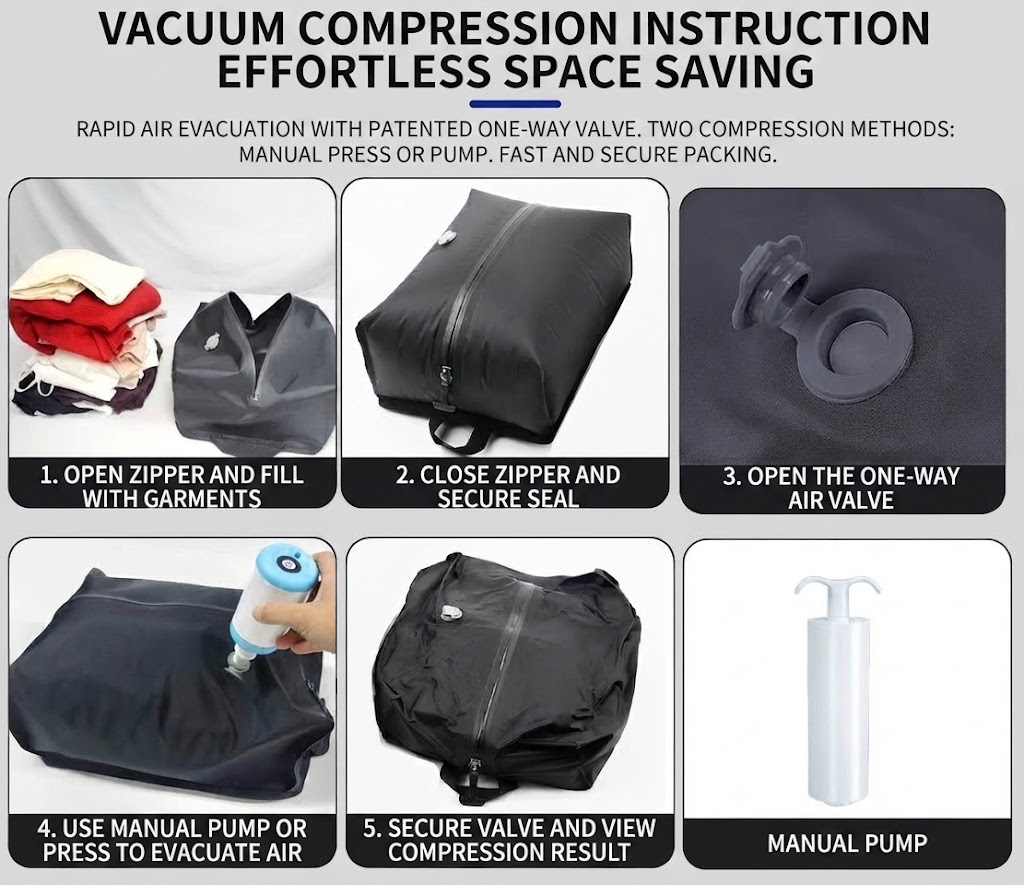 vacuum compression instructions: fill, seal, open the one-way valve and press to evacuate air