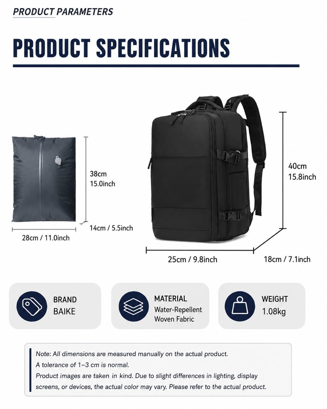 product specification chart: 40x25x18cm size, water-repellent woven fabric, brand BAIKE, 1.08kg weight