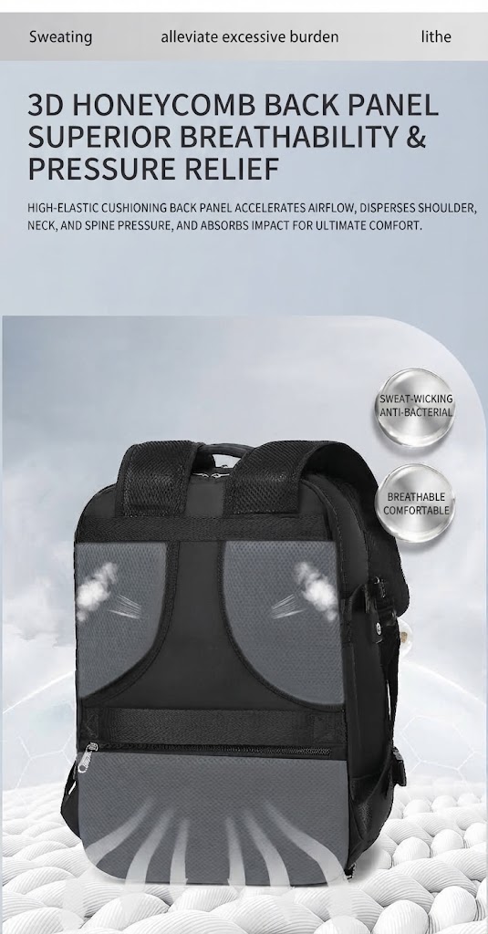 3D honeycomb back panel for breathability and pressure relief