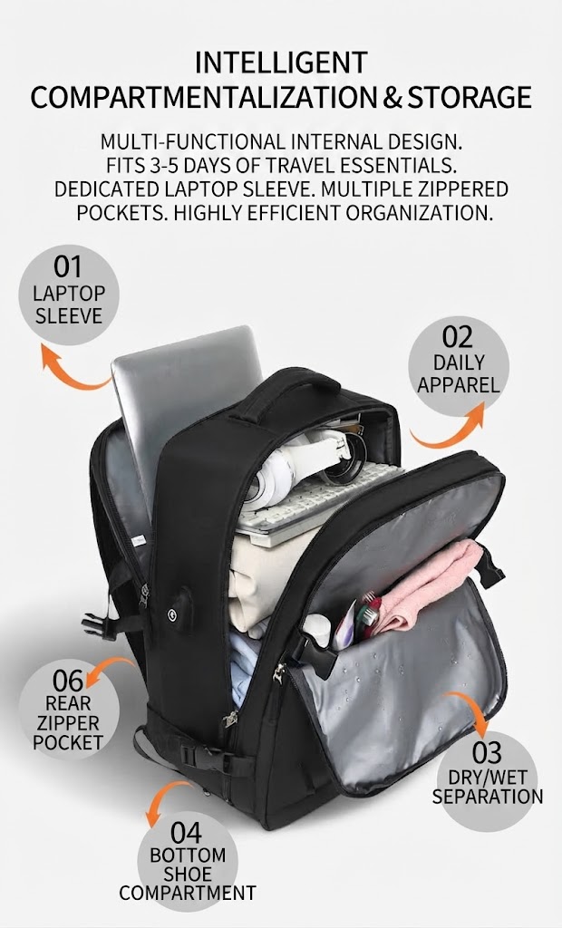 intelligent compartmentalization diagram: laptop sleeve, daily apparel, dry/wet separation, bottom shoe compartment and rear zipper pocket