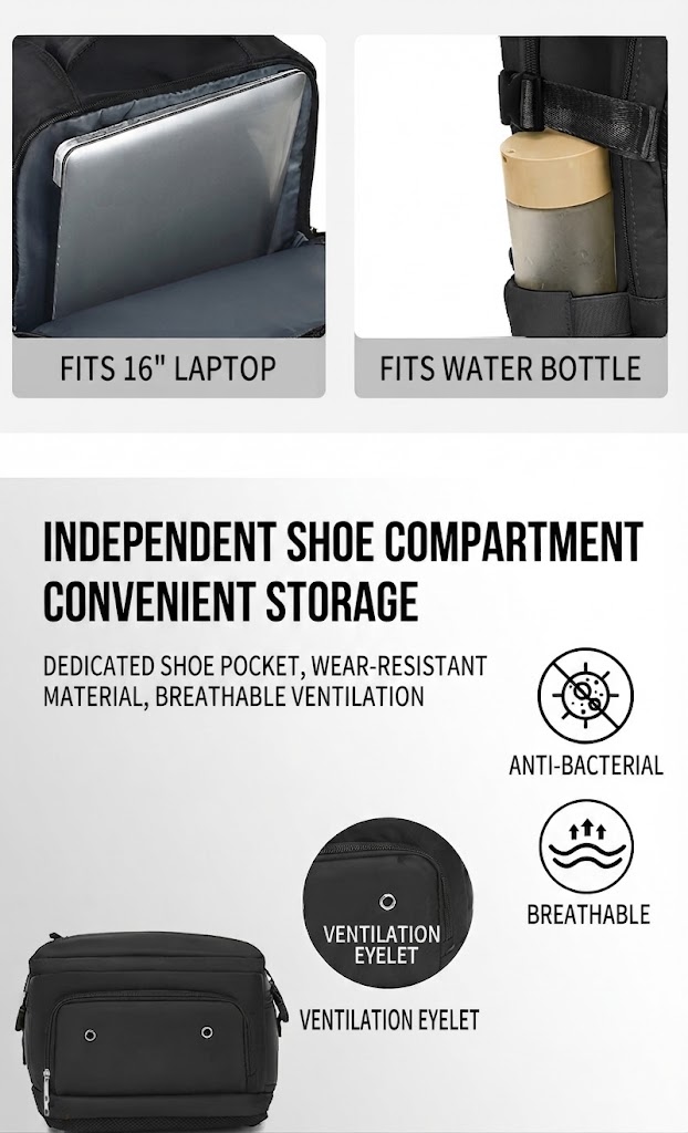 laptop sleeve fitting a 16 inch laptop and a side pocket holding a water bottle
