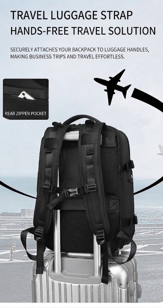 rear luggage strap securing the backpack to a rolling suitcase handle