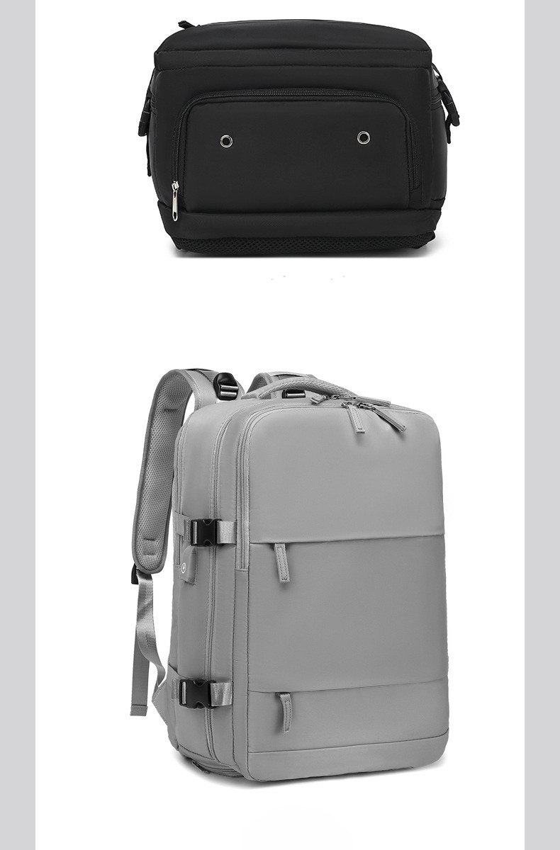 black bag detail view alongside a gray colorway full front view