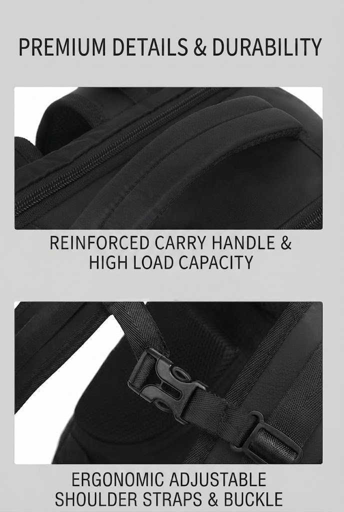 reinforced carry handle and ergonomic adjustable shoulder strap buckle close-ups