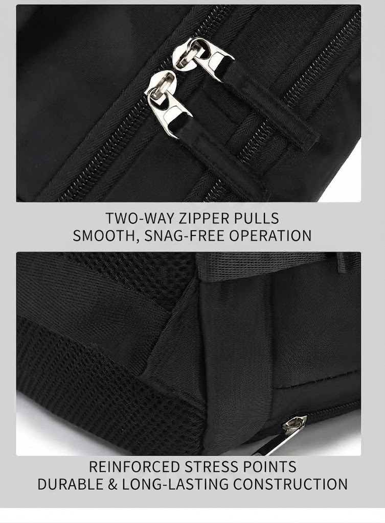 two-way zipper pulls and reinforced stress-point stitching close-ups