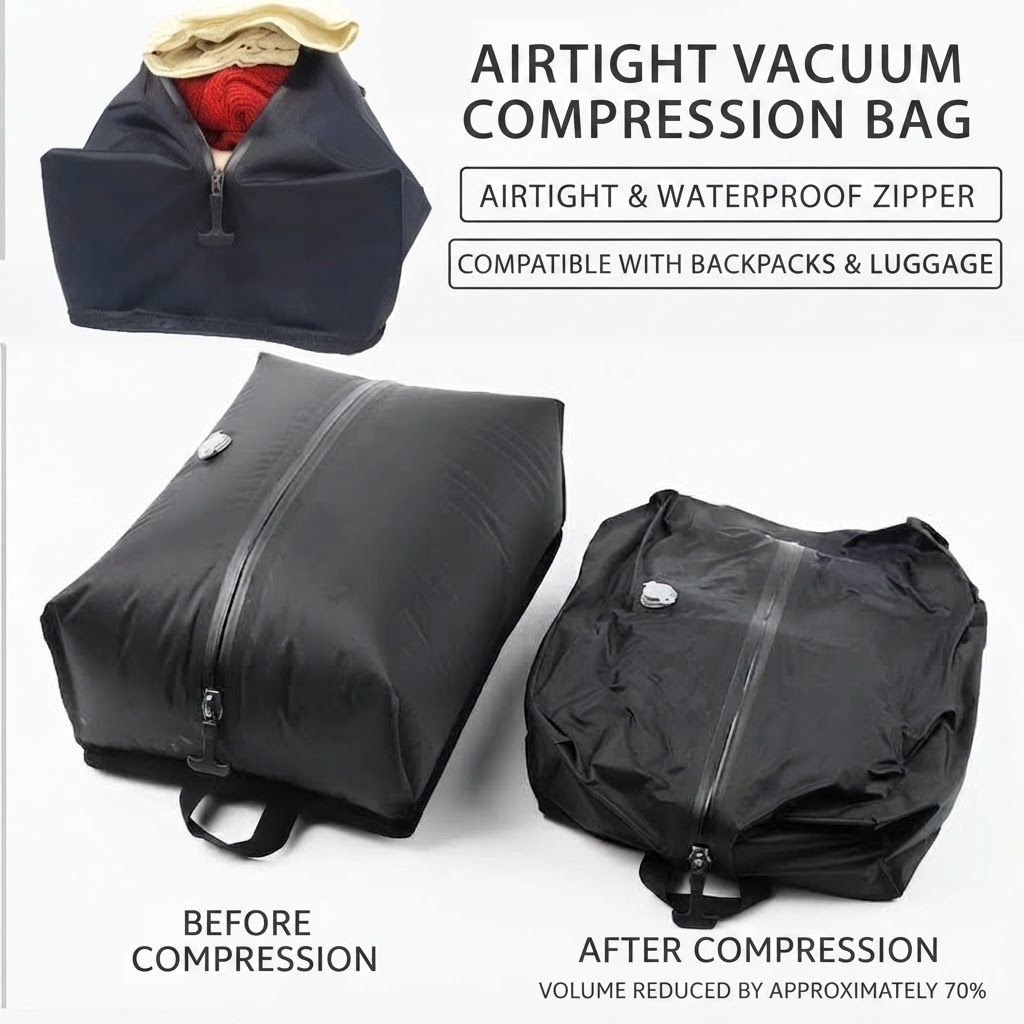 airtight vacuum compression bag shown before and after compression, volume reduced by approximately 70%