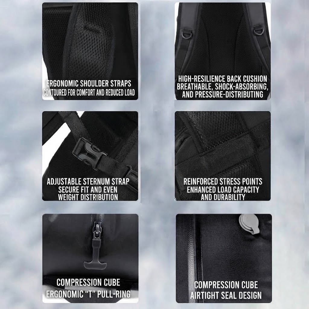 premium details grid: shoulder straps, back cushion, sternum strap, reinforced stitching and compression cube pull-ring/seal close-ups